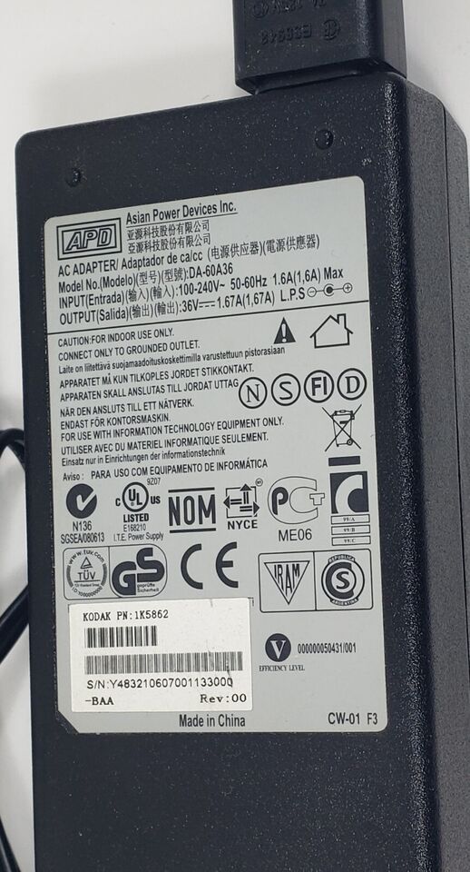 *Brand NEW*Kodak APD DA-60A36 Output 36V 1.67A Tested Works AC Adapter Charger POWER Supply